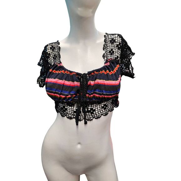 Free People Black Crochet Striped Crop Top Small - Picture 3 of 8